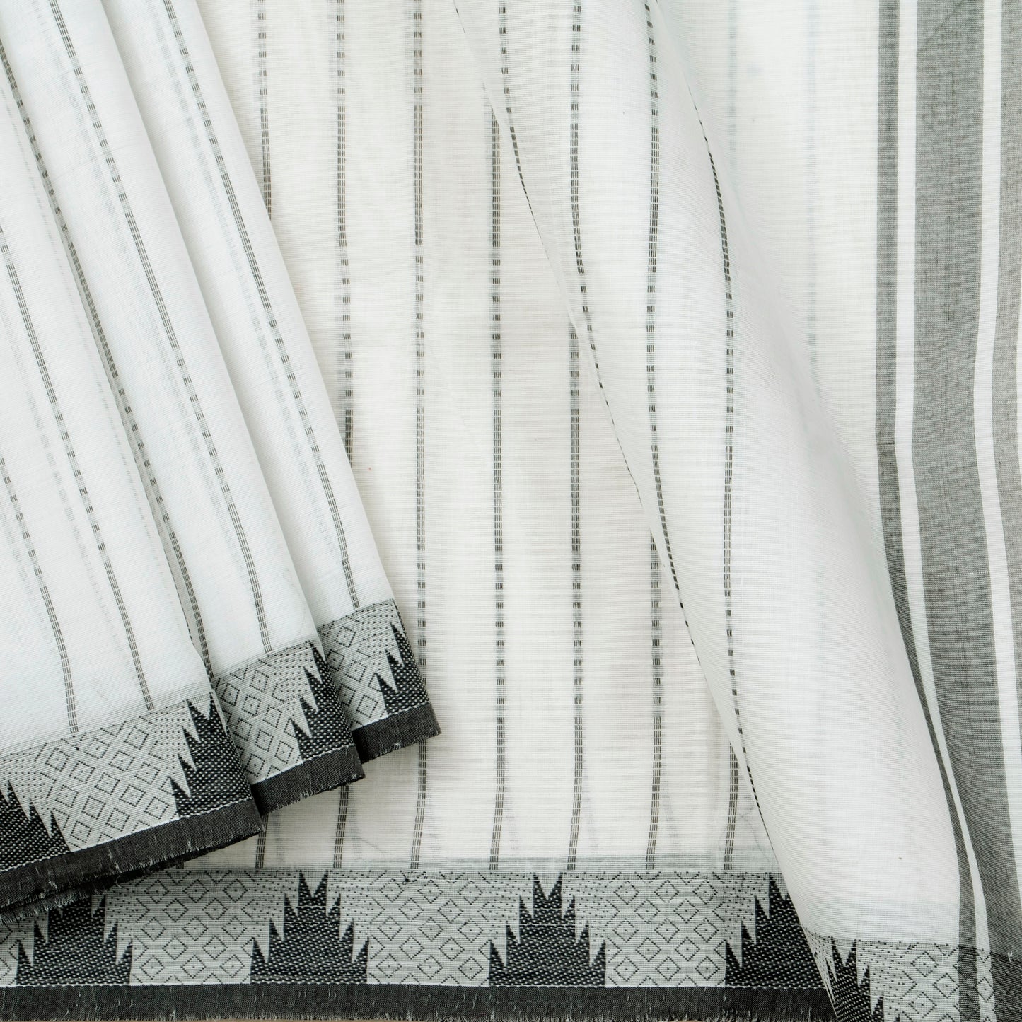 White And Black Kanchi Cotton Saree With Temple Border For Office Wear PV MM KC 609