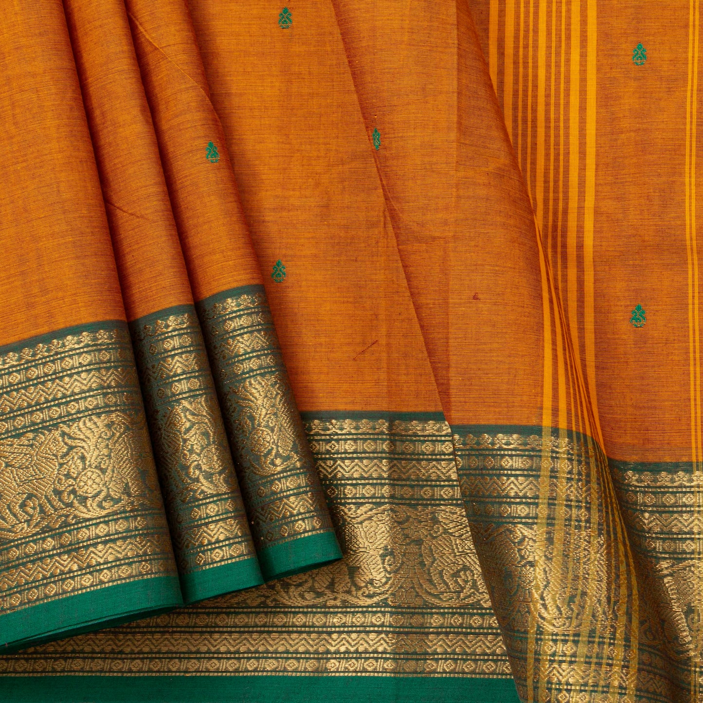 Rust And Green Kanchi Cotton Saree For Festive Wear PV MM KC 852