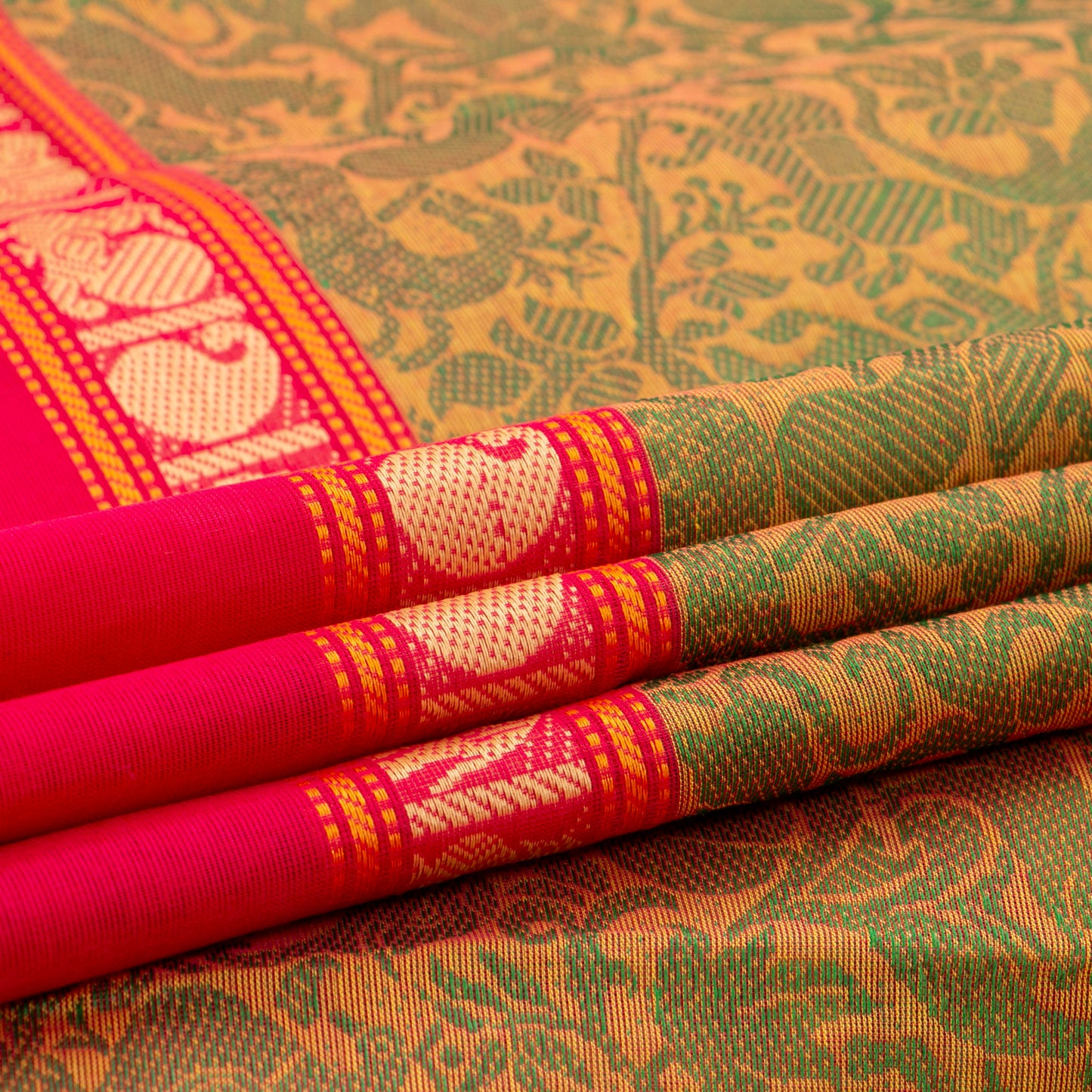 Mustard And Pink Vanasingaram Kanchi Cotton Saree For Festive Wear PV MM KC 666
