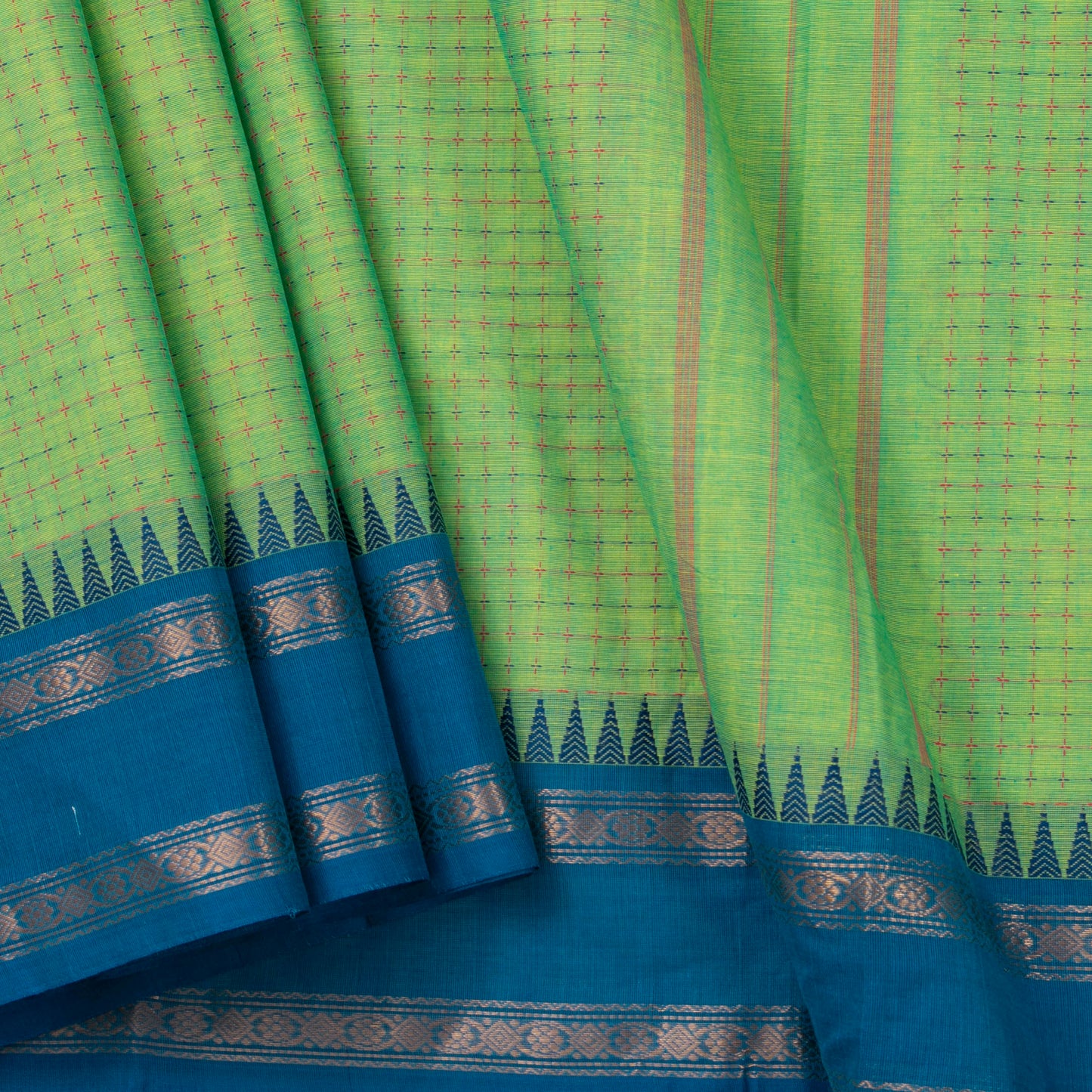 Green Kanchi Cotton Saree With Ganga Jamuna Temple Rettai Pettu Border PV MM KC 613