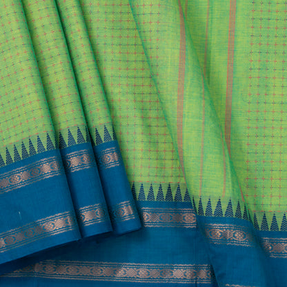 Green Kanchi Cotton Saree With Ganga Jamuna Temple Rettai Pettu Border PV MM KC 613