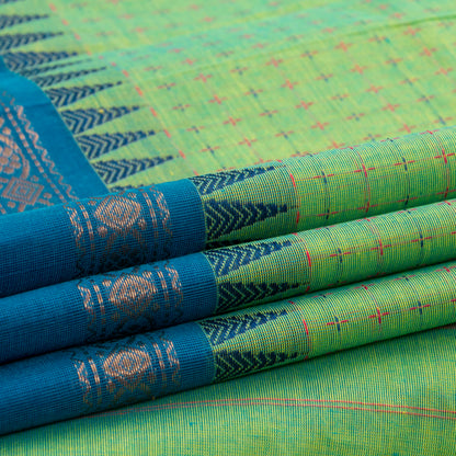 Green Kanchi Cotton Saree With Ganga Jamuna Temple Rettai Pettu Border PV MM KC 613
