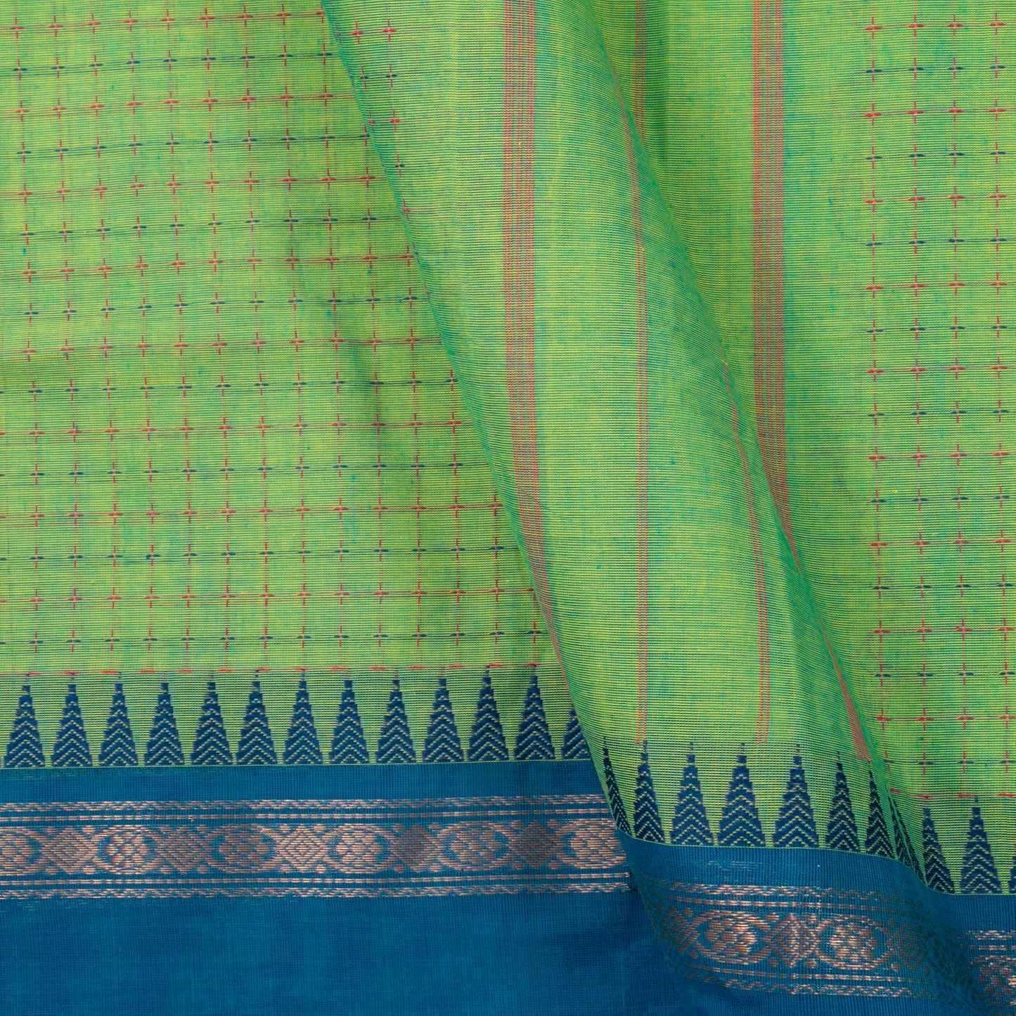Green Kanchi Cotton Saree With Ganga Jamuna Temple Rettai Pettu Border PV MM KC 613