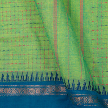 Green Kanchi Cotton Saree With Ganga Jamuna Temple Rettai Pettu Border PV MM KC 613