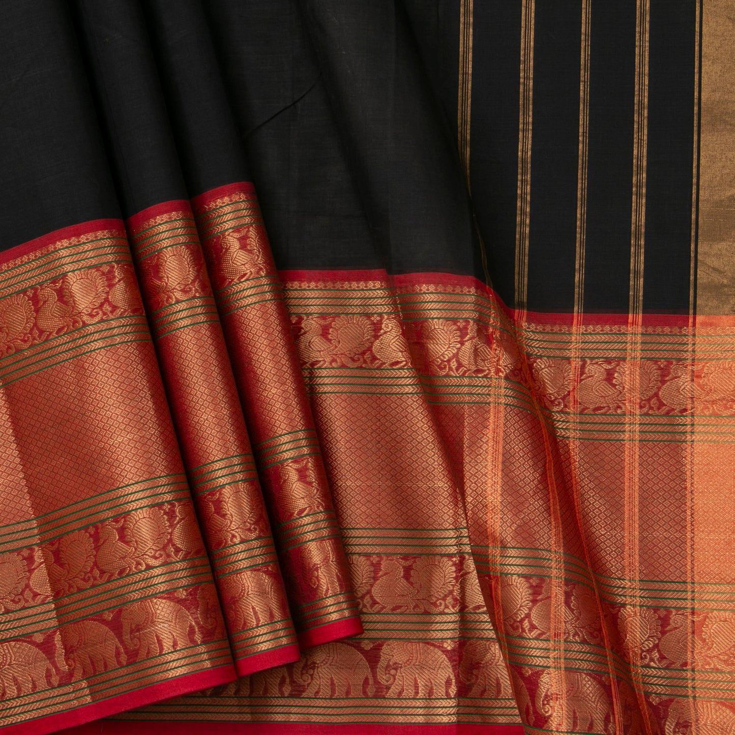 Black And Red Kanchi Cotton Saree With Long Zari Border For Festive Wear PV MM KC 383