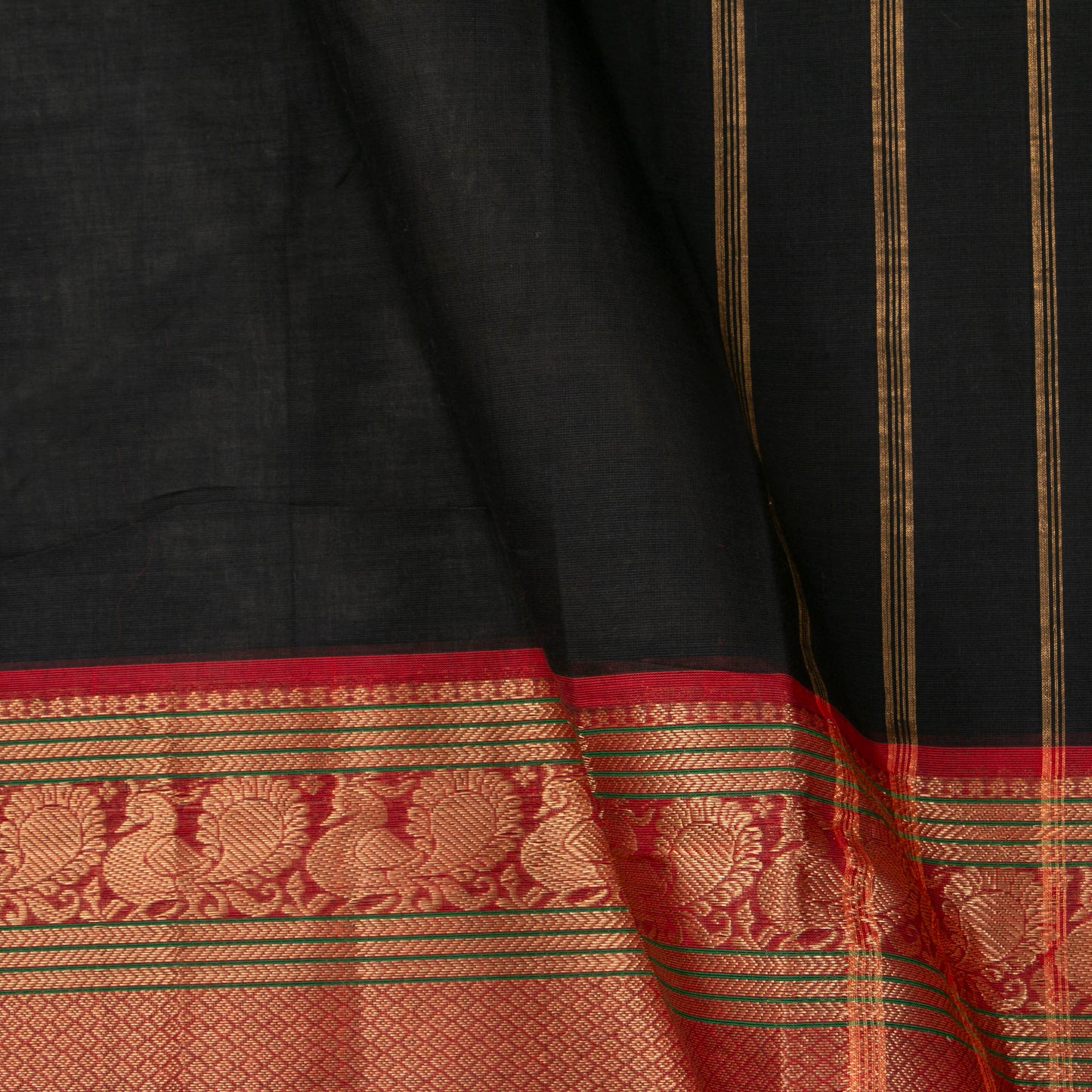 Black And Red Kanchi Cotton Saree With Long Zari Border For Festive Wear PV MM KC 383