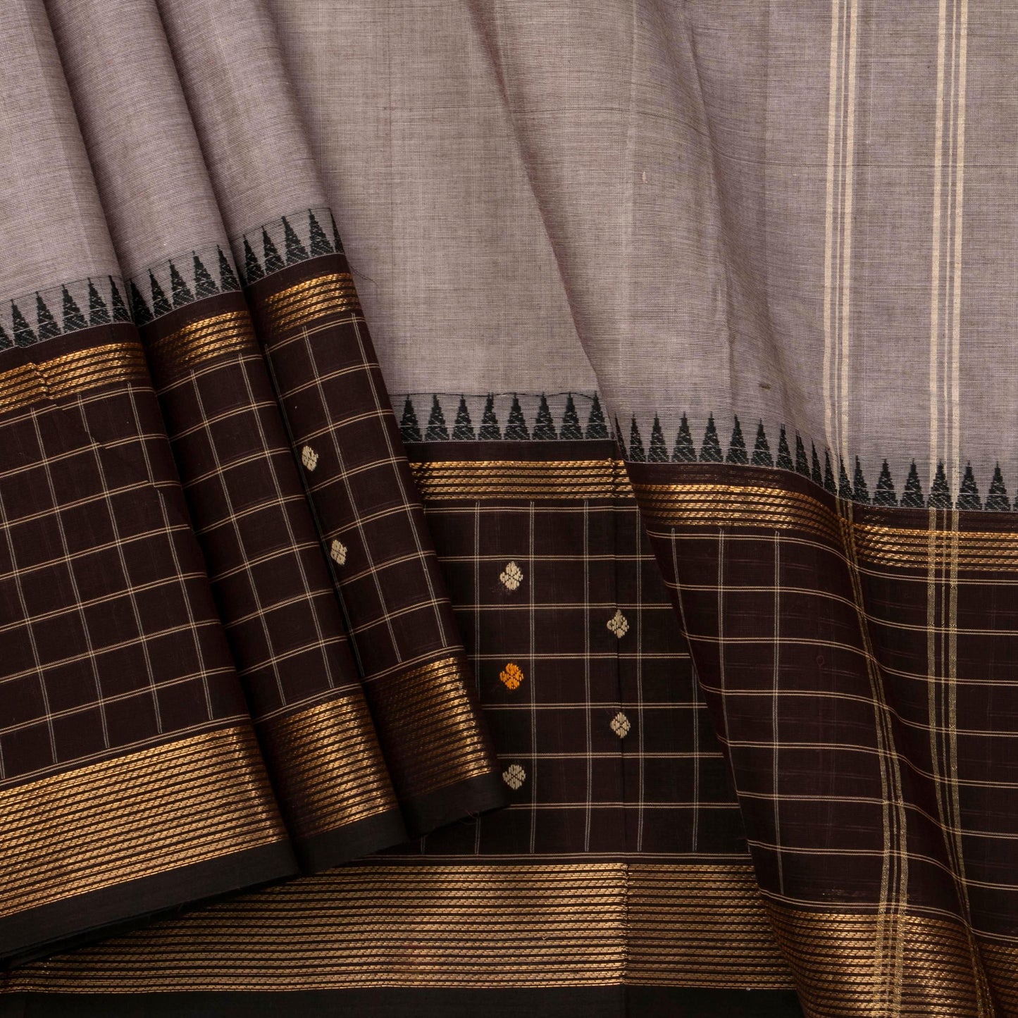 Silver Grey And Brown Kanchi Cotton Saree For Office Wear PV MM KC 656 - Cotton Saree - Panjavarnam PV MM KC 656