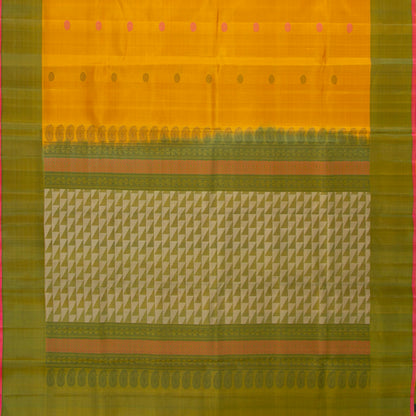 Yellow And Green Kanchipuram Silk Saree No Zari For Office Wear PV KNN 299