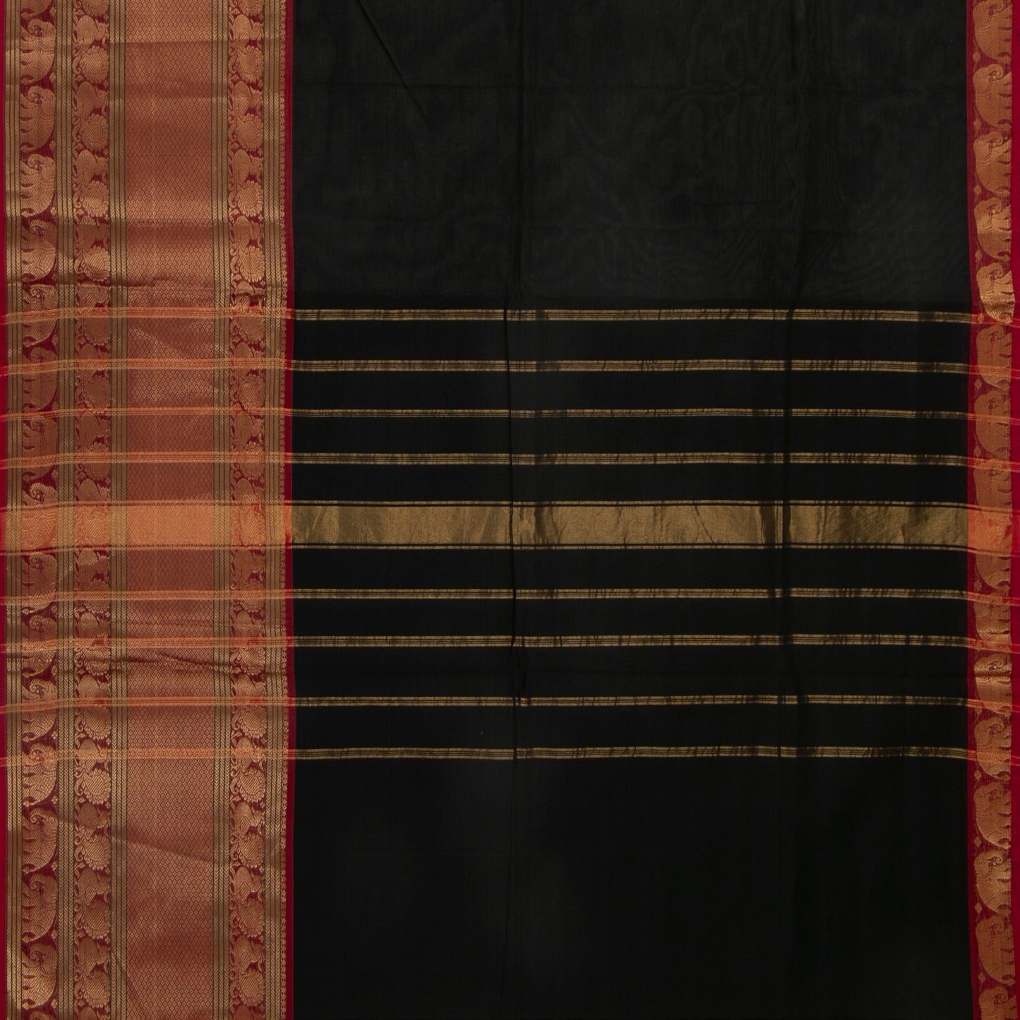 Black And Red Kanchi Cotton Saree With Long Zari Border For Festive Wear PV MM KC 383