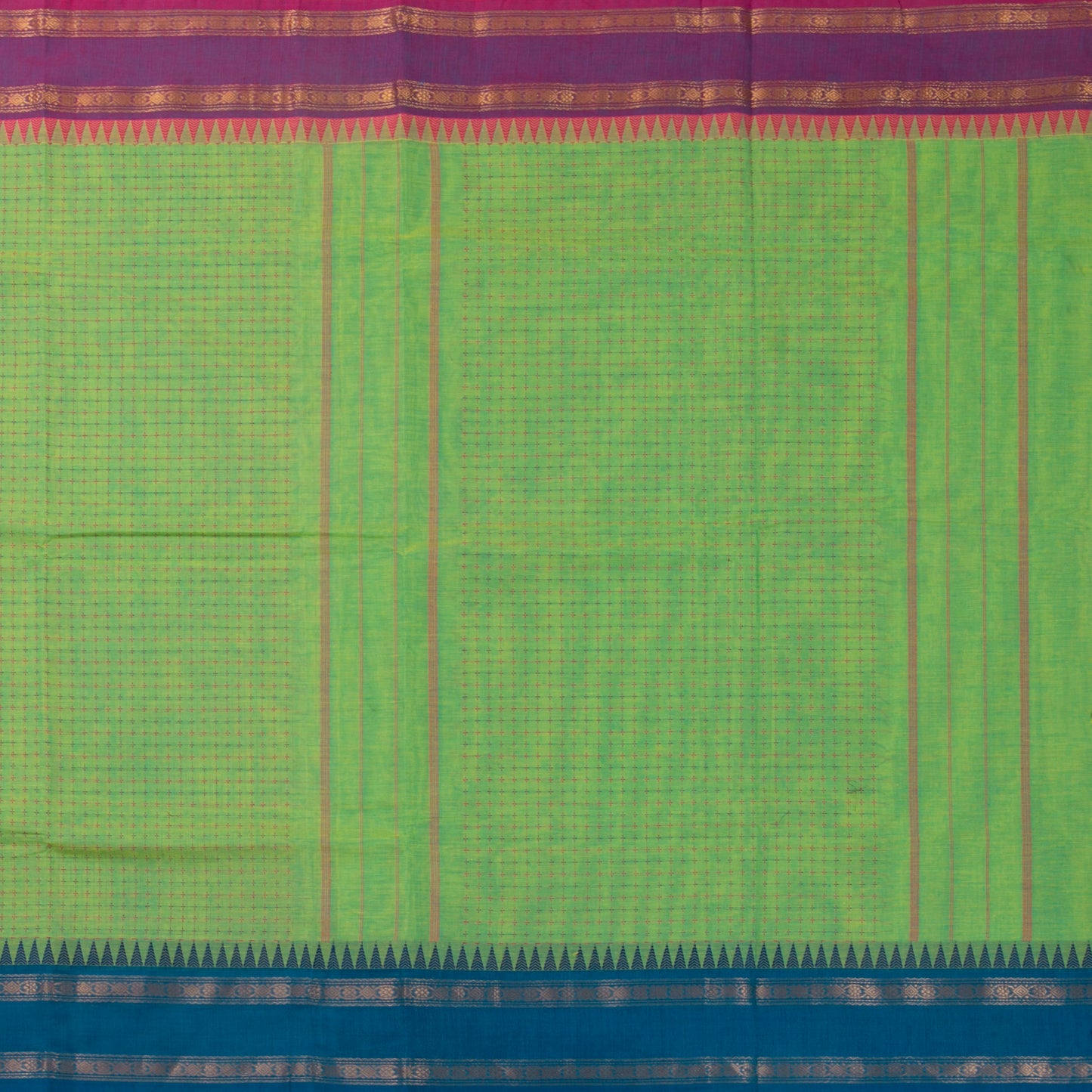 Green Kanchi Cotton Saree With Ganga Jamuna Temple Rettai Pettu Border PV MM KC 613