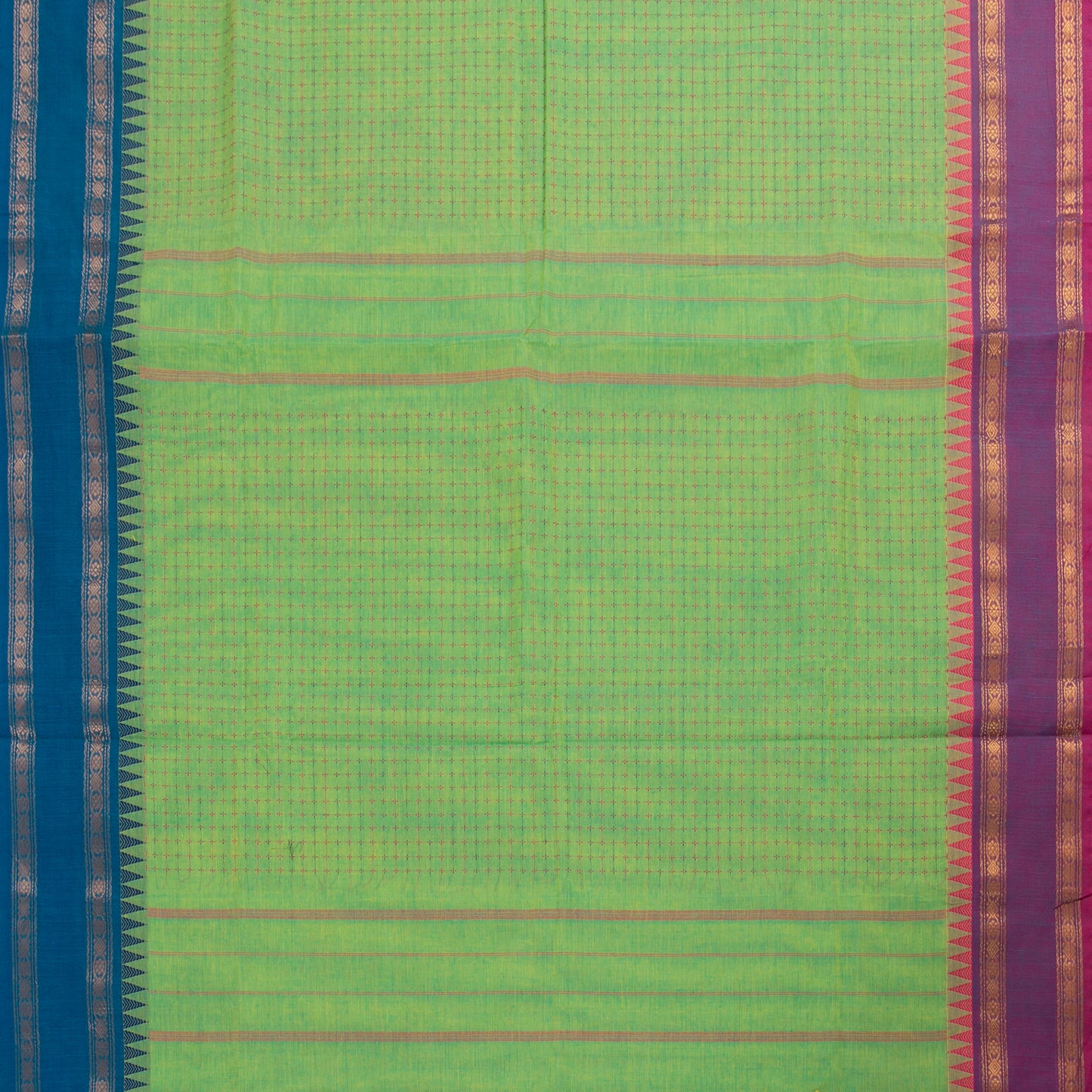 Green Kanchi Cotton Saree With Ganga Jamuna Temple Rettai Pettu Border PV MM KC 613