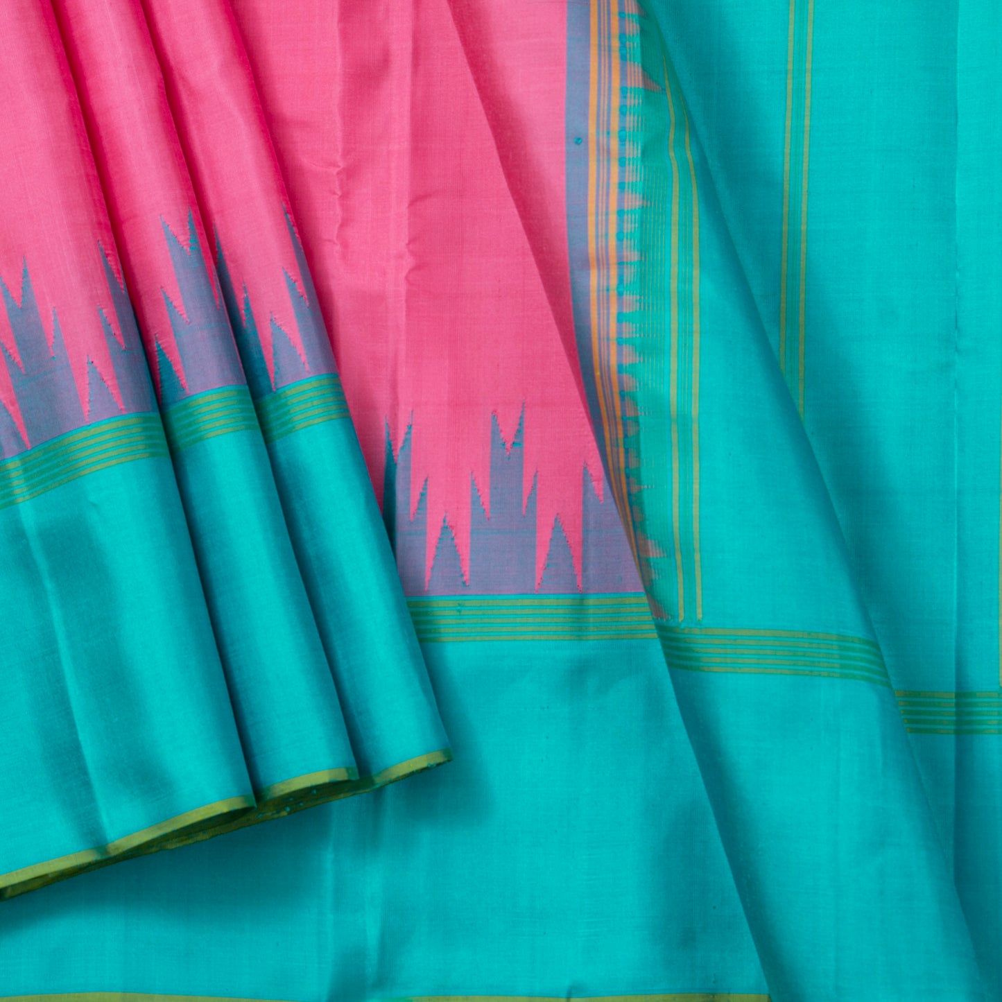 Pink And Anandha Blue Kanchipuram Silk Saree No Zari For Festive Wear PV KNN 303