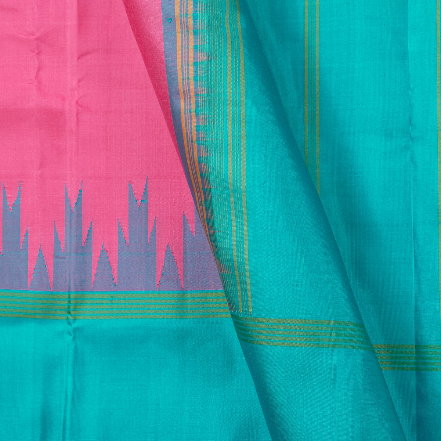 Pink And Anandha Blue Kanchipuram Silk Saree No Zari For Festive Wear PV KNN 303