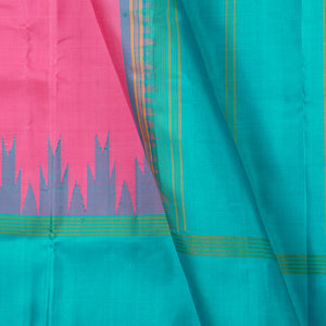 Pink And Anandha Blue Kanchipuram Silk Saree No Zari For Festive Wear PV KNN 303