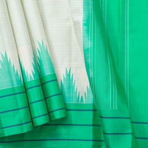 White And Sea Green Kanchipuram Silk Saree No Zari For Festive Wear PV KNN 309