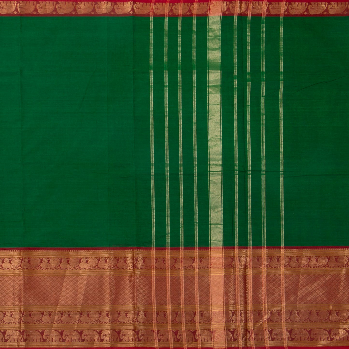 Green And Red Kanchi Cotton Saree With Long Zari Border For Festive Wear PV MM KC 382