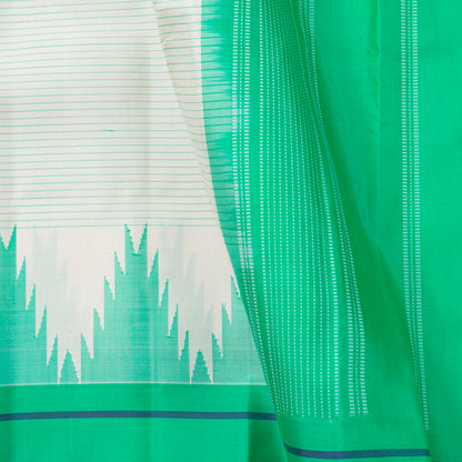 White And Sea Green Kanchipuram Silk Saree No Zari For Festive Wear PV KNN 309