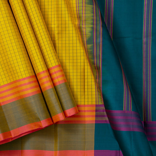 Yellow And BlueKanchipuram Silk Saree No Zari For Festive Wear PV KNN 272