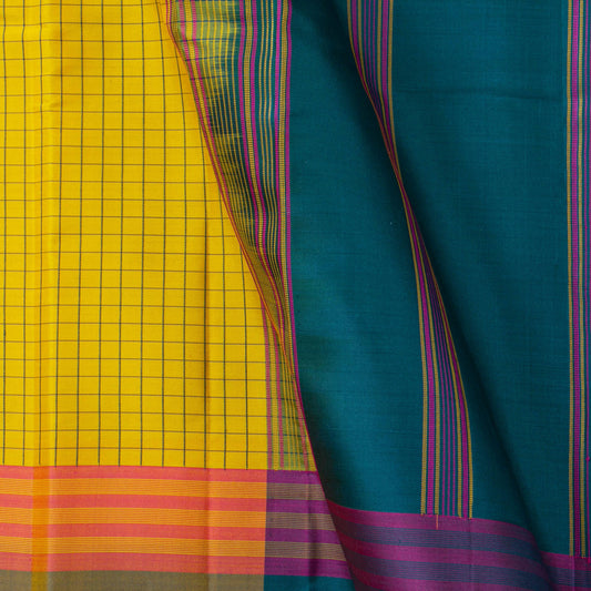 Yellow And BlueKanchipuram Silk Saree No Zari For Festive Wear PV KNN 272