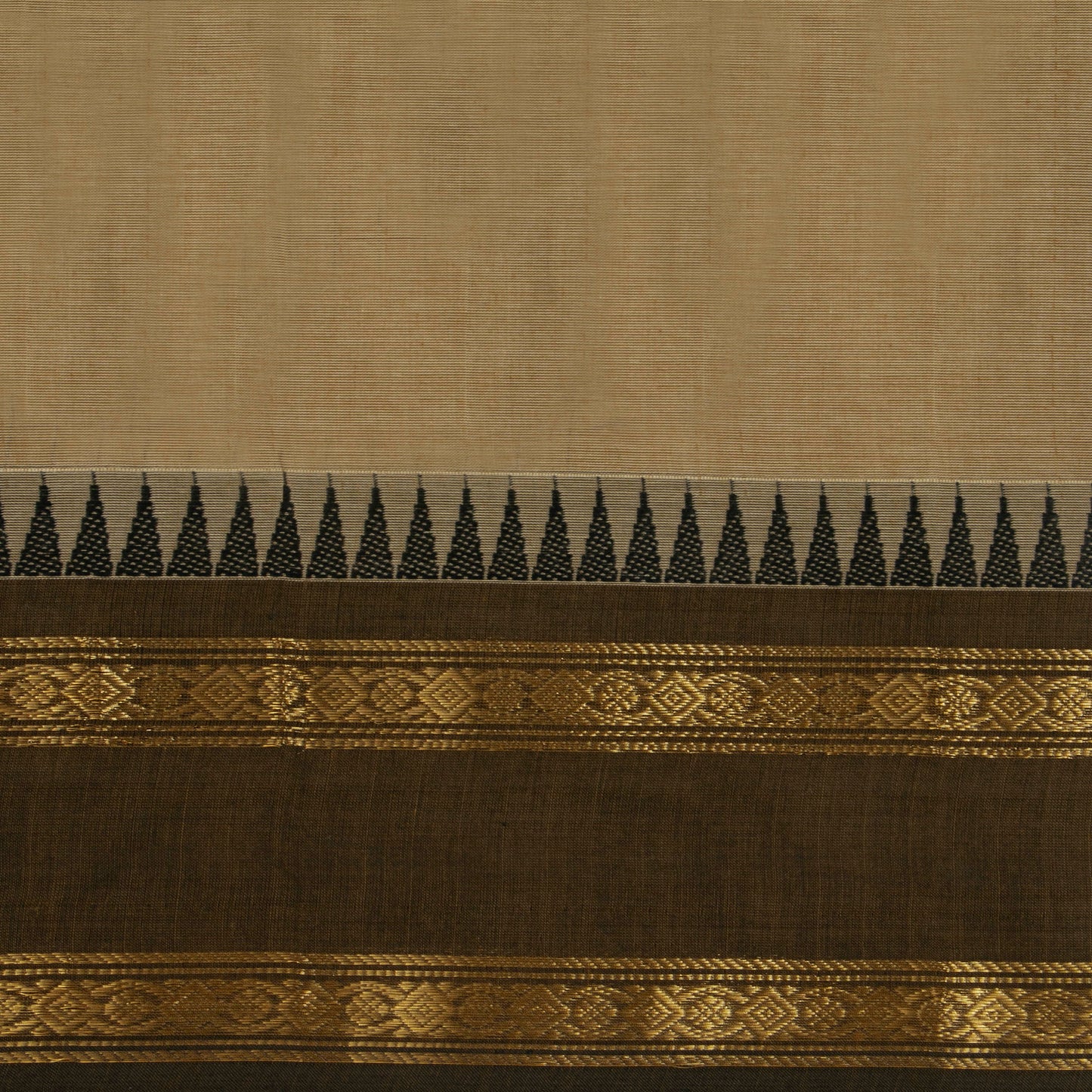 Beige Kanchi Cotton Saree With Ganga Jamuna Temple Rettai Pettu Border PV MM KC 615