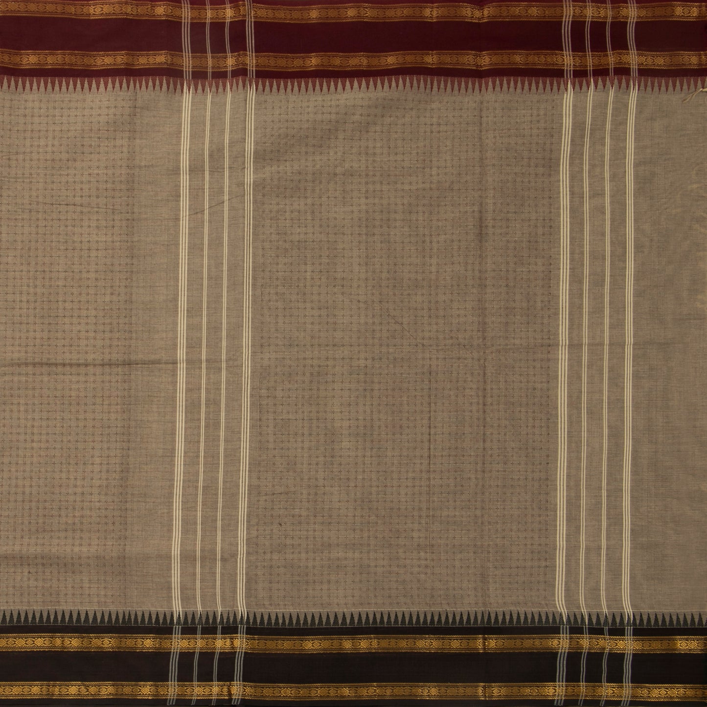 Fawn Kanchi Cotton Saree With Ganga Jamuna Temple Rettai Pettu Border PV MM KC 616