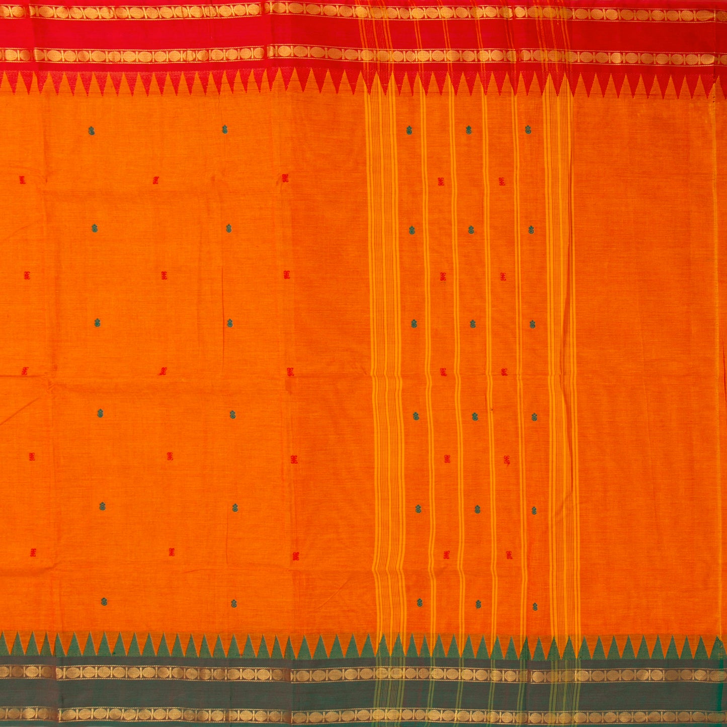 Orange And Green Kanchi Cotton Saree Ganga Jamuna Border For Festive Wear PV MM KC 776