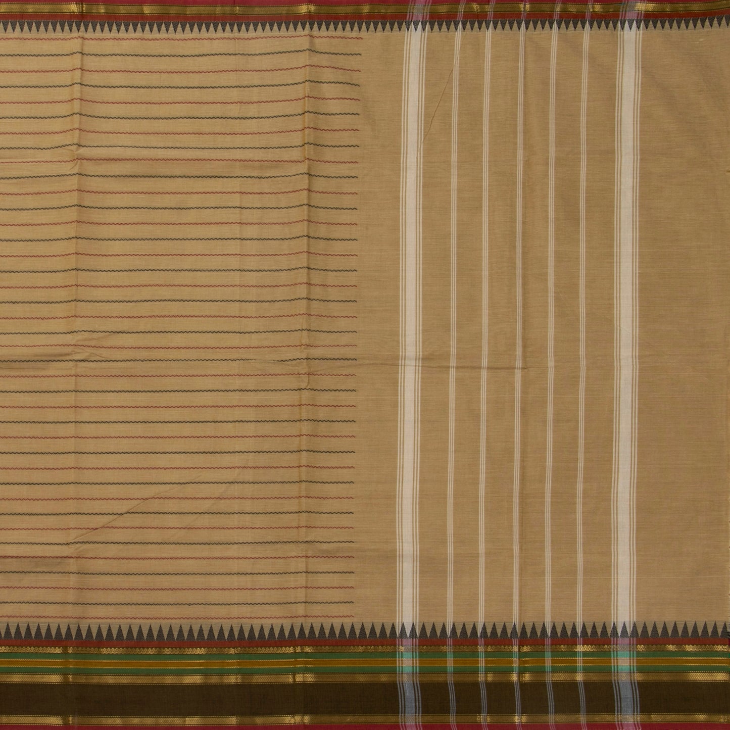 Beige And Mehandi Green Kanchi Cotton Saree With Veldhari Stripes For Festive Wear PV MM KC 625