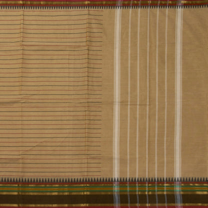 Beige And Mehandi Green Kanchi Cotton Saree With Veldhari Stripes For Festive Wear PV MM KC 625