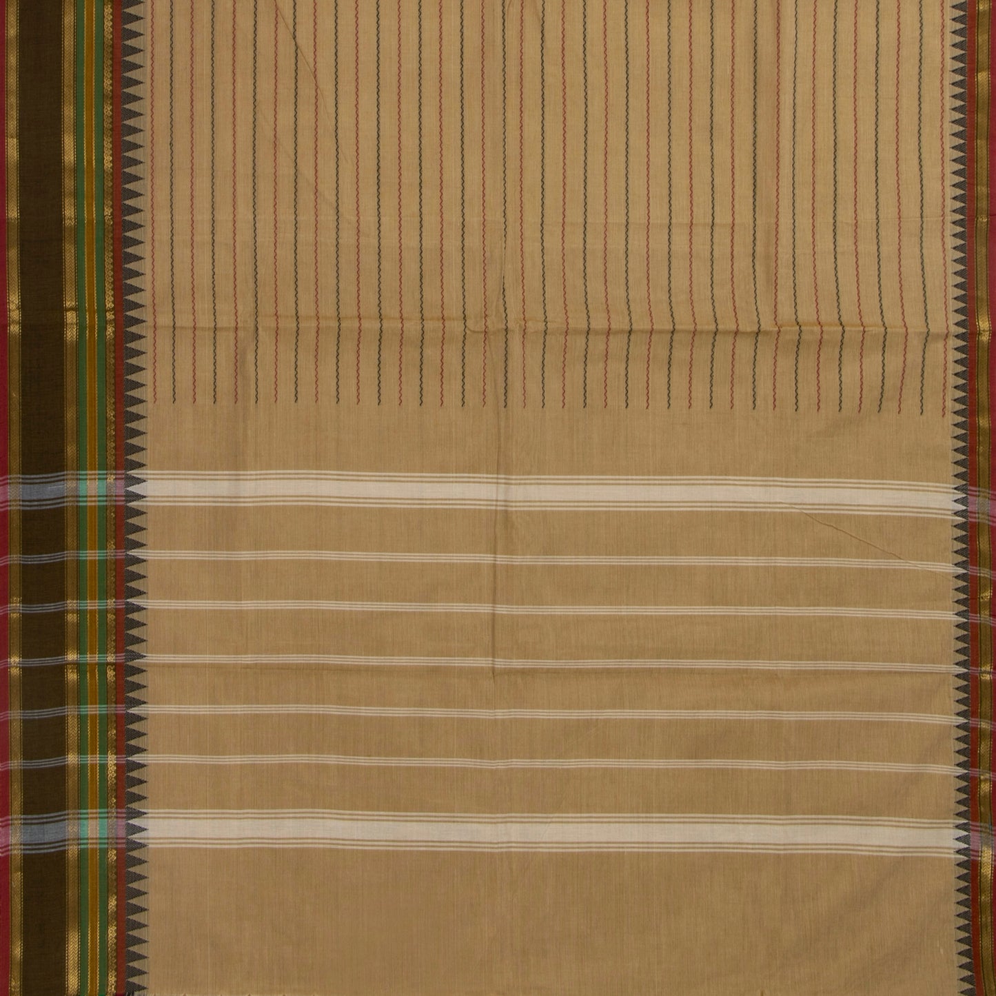 Beige And Mehandi Green Kanchi Cotton Saree With Veldhari Stripes For Festive Wear PV MM KC 625