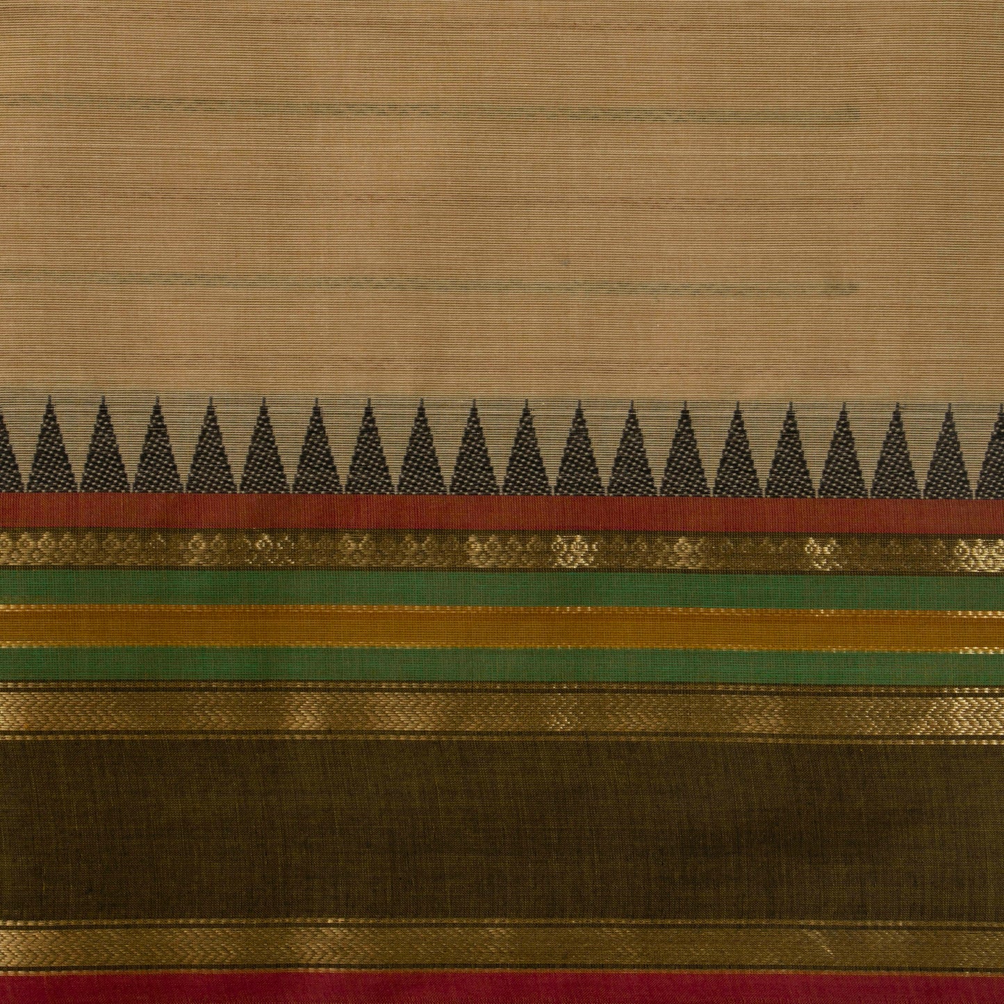 Beige And Mehandi Green Kanchi Cotton Saree With Veldhari Stripes For Festive Wear PV MM KC 625
