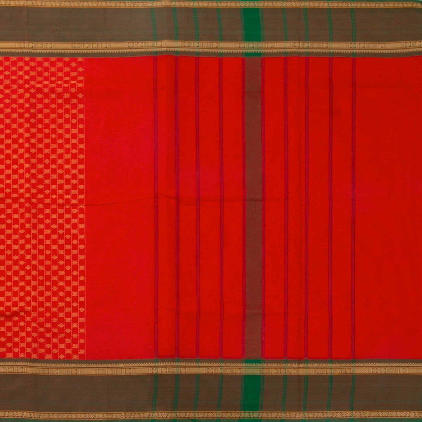 Red And Green Kanchi Cotton Saree With Zari Border For Office Wear PV MM KC 660