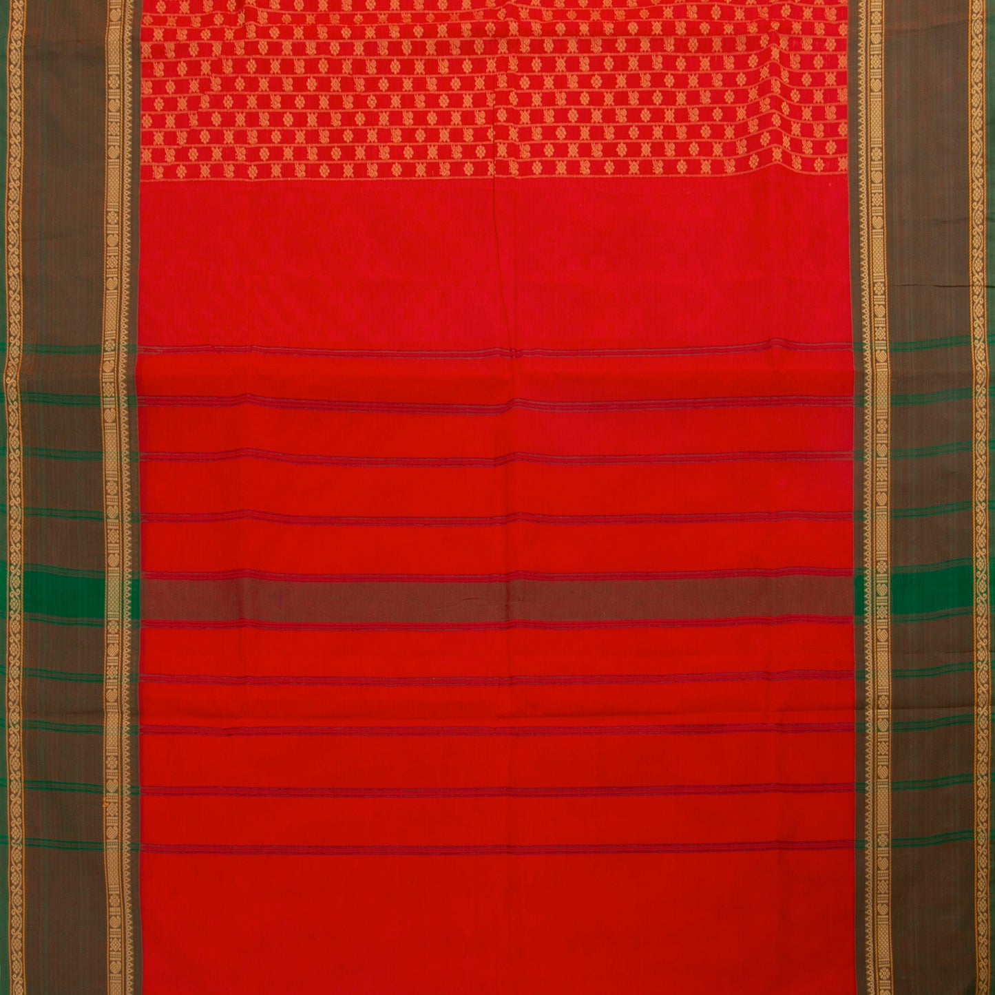 Red And Green Kanchi Cotton Saree With Zari Border For Office Wear PV MM KC 660