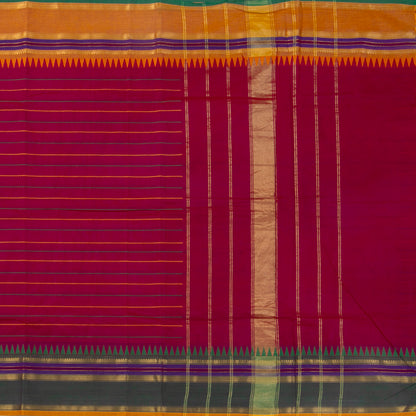 Pink, Green And Mustard Kanchi Cotton Saree With Ganga Jamuna Border And Veldhari Stripes PV MM KC 624