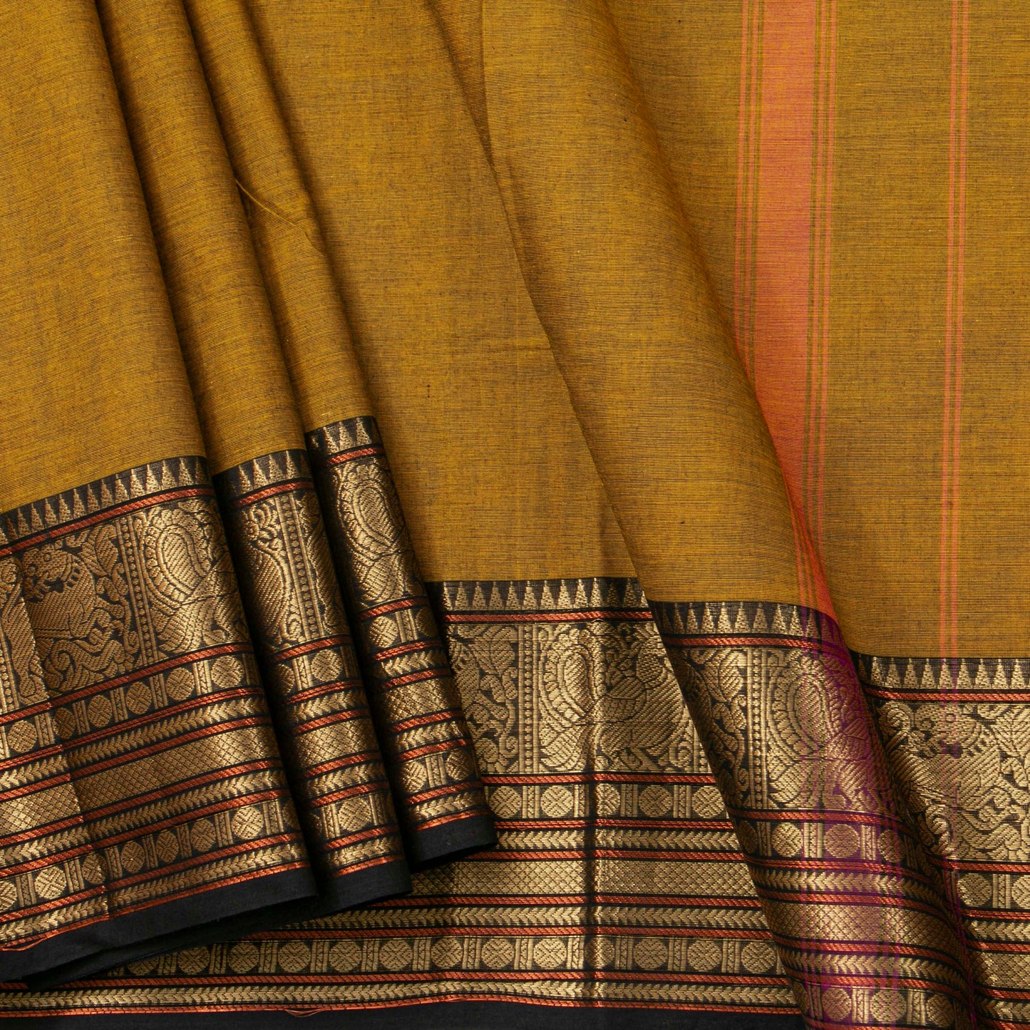 Mustard And Black Kanchi Cotton Saree For Festive Wear PV MM KC 715