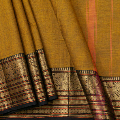 Mustard And Black Kanchi Cotton Saree For Festive Wear PV MM KC 715