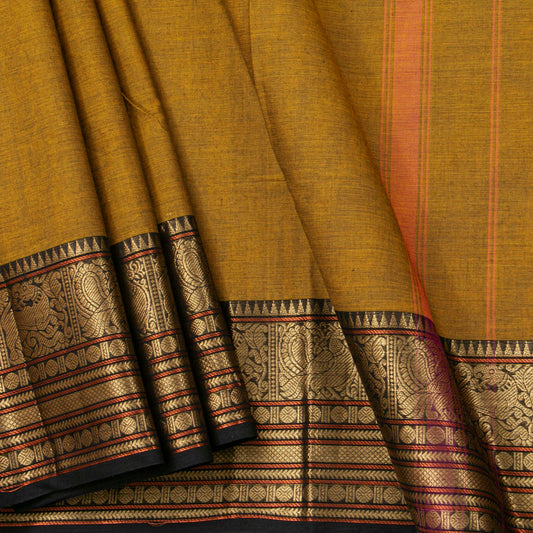 Mustard And Black Kanchi Cotton Saree For Festive Wear PV MM KC 715