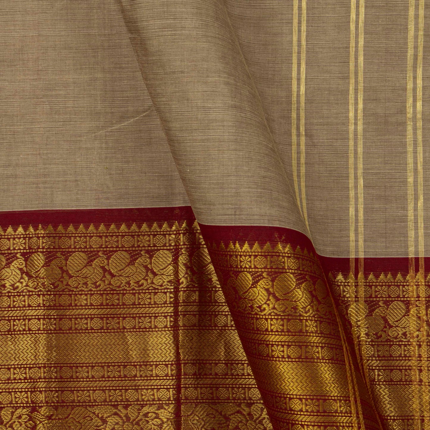 Light Brown And Red Kanchi Cotton Saree With Zari Border For Festive Wear PV MM KC 344