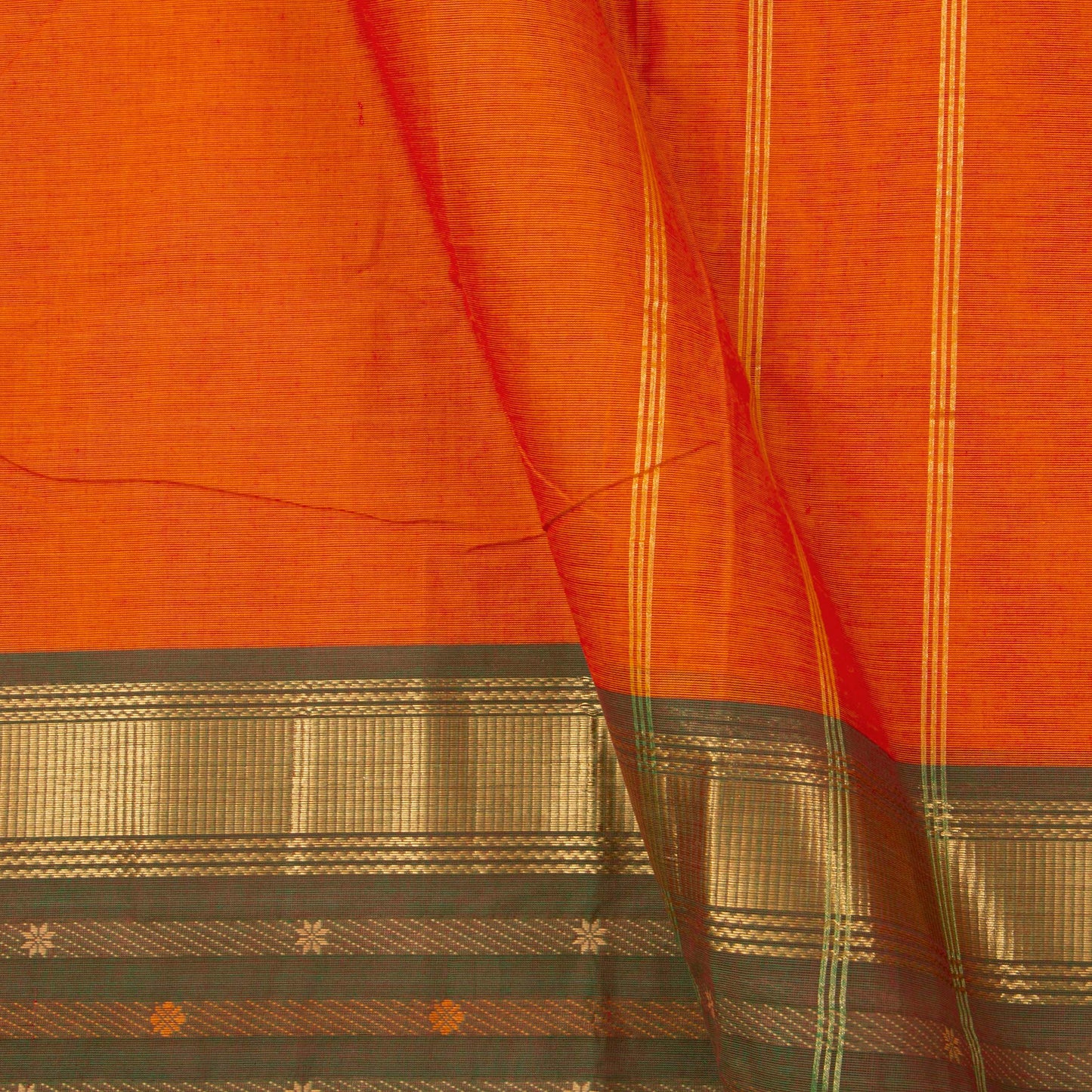 Orange And Olive Green Kanchi Cotton Saree With Ganga Jamuna Border For Festive Wear PV MM KC 346