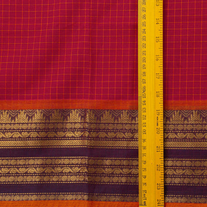 Scarlet Red And Mauve Kanchi Cotton Saree With Zari For Festive Wear PV MM KC 380 - Cotton Saree - Panjavarnam PV MM KC 380