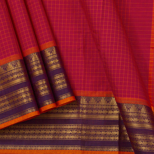 Scarlet Red And Mauve Kanchi Cotton Saree With Zari For Festive Wear PV MM KC 380 - Cotton Saree - Panjavarnam PV MM KC 380