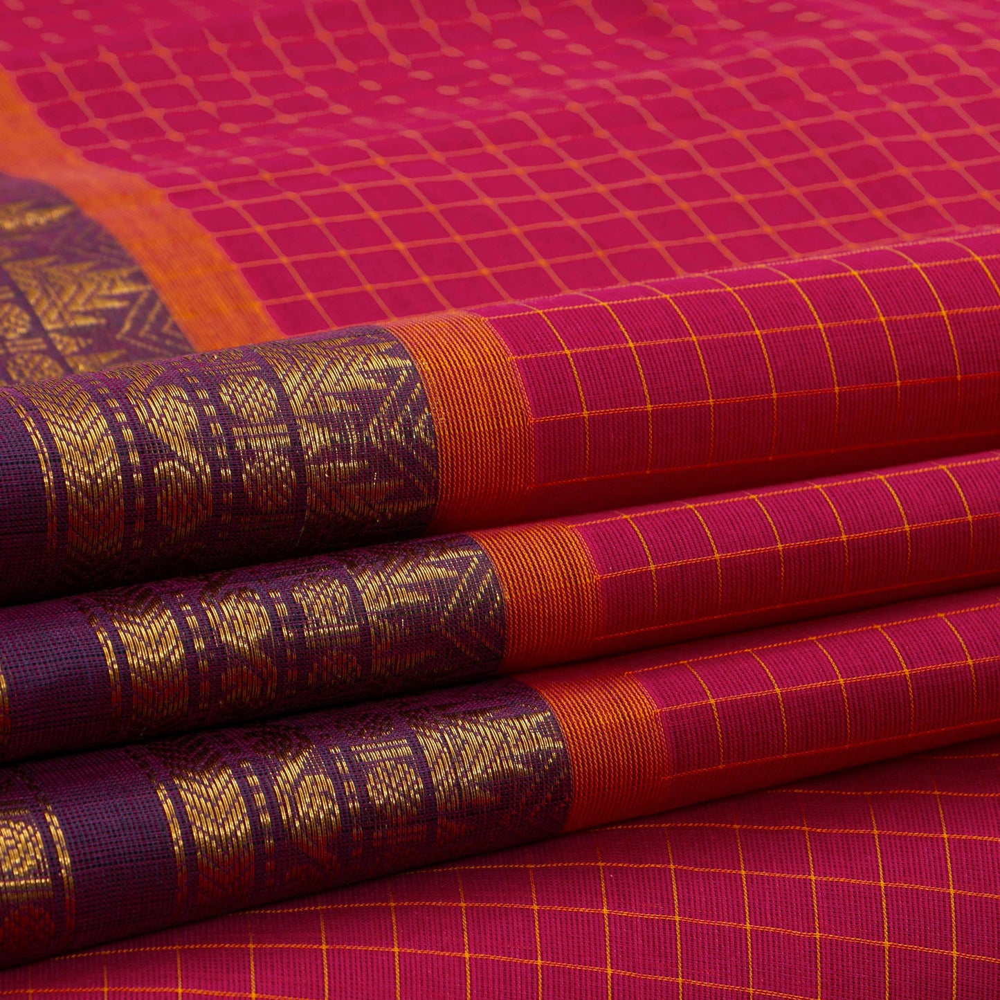 Scarlet Red And Mauve Kanchi Cotton Saree With Zari For Festive Wear PV MM KC 380 - Cotton Saree - Panjavarnam PV MM KC 380