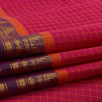 Scarlet Red And Mauve Kanchi Cotton Saree With Zari For Festive Wear PV MM KC 380 - Cotton Saree - Panjavarnam PV MM KC 380
