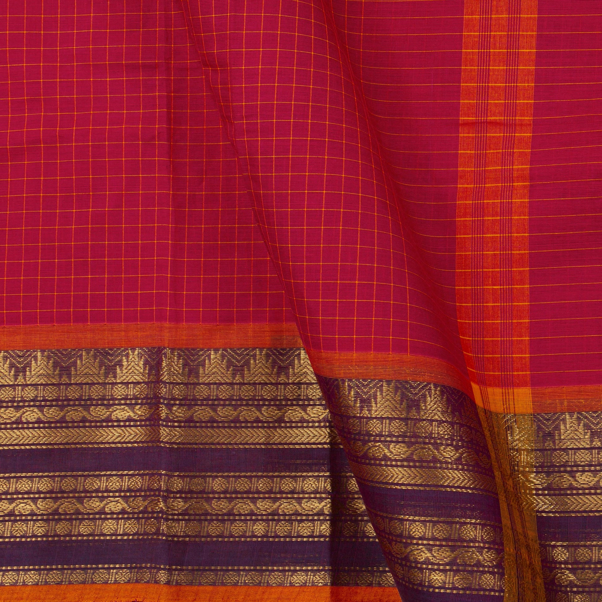 Scarlet Red And Mauve Kanchi Cotton Saree With Zari For Festive Wear PV MM KC 380 - Cotton Saree - Panjavarnam PV MM KC 380