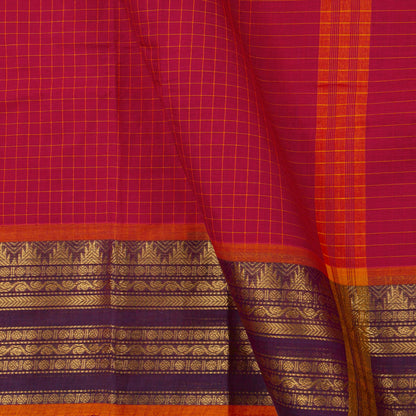 Scarlet Red And Mauve Kanchi Cotton Saree With Zari For Festive Wear PV MM KC 380 - Cotton Saree - Panjavarnam PV MM KC 380