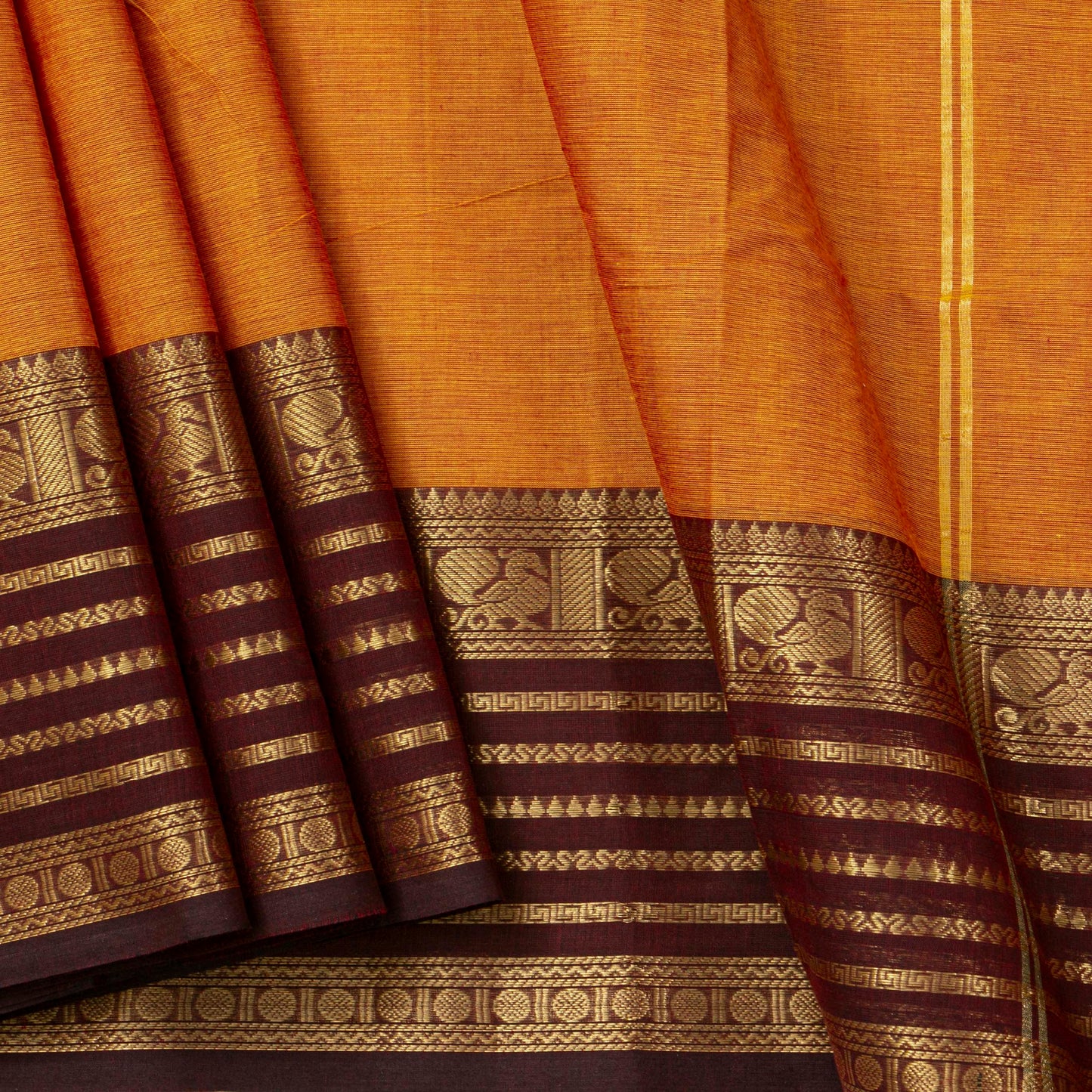 Mustard And Brown Kanchi Cotton Saree For Festive Wear PV MM KC 697