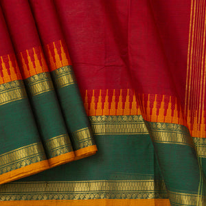 Red And Green Kanchi Cotton Saree With A Temple Border For Festive Wear PV MM KC 338