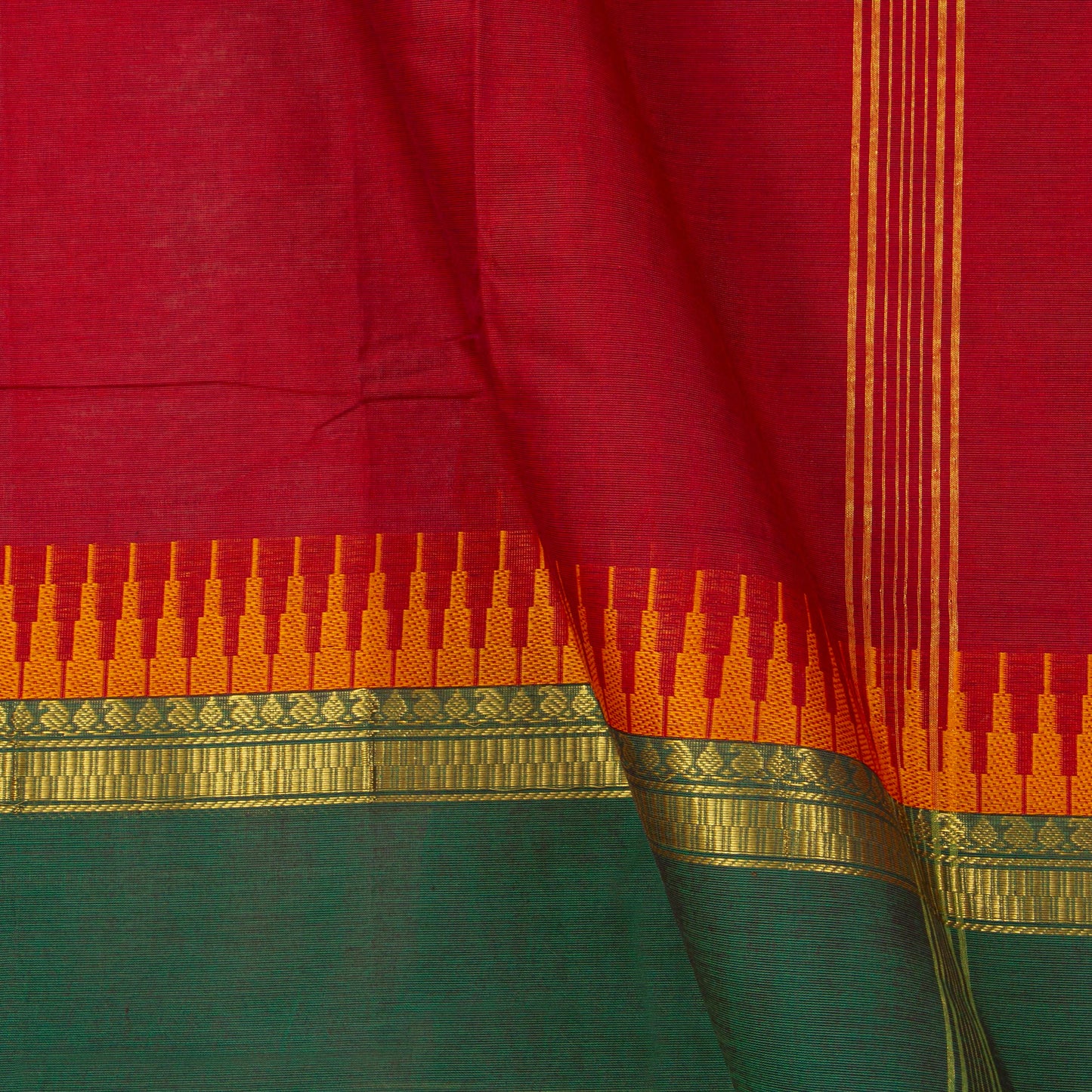 Red And Green Kanchi Cotton Saree With A Temple Border For Festive Wear PV MM KC 338