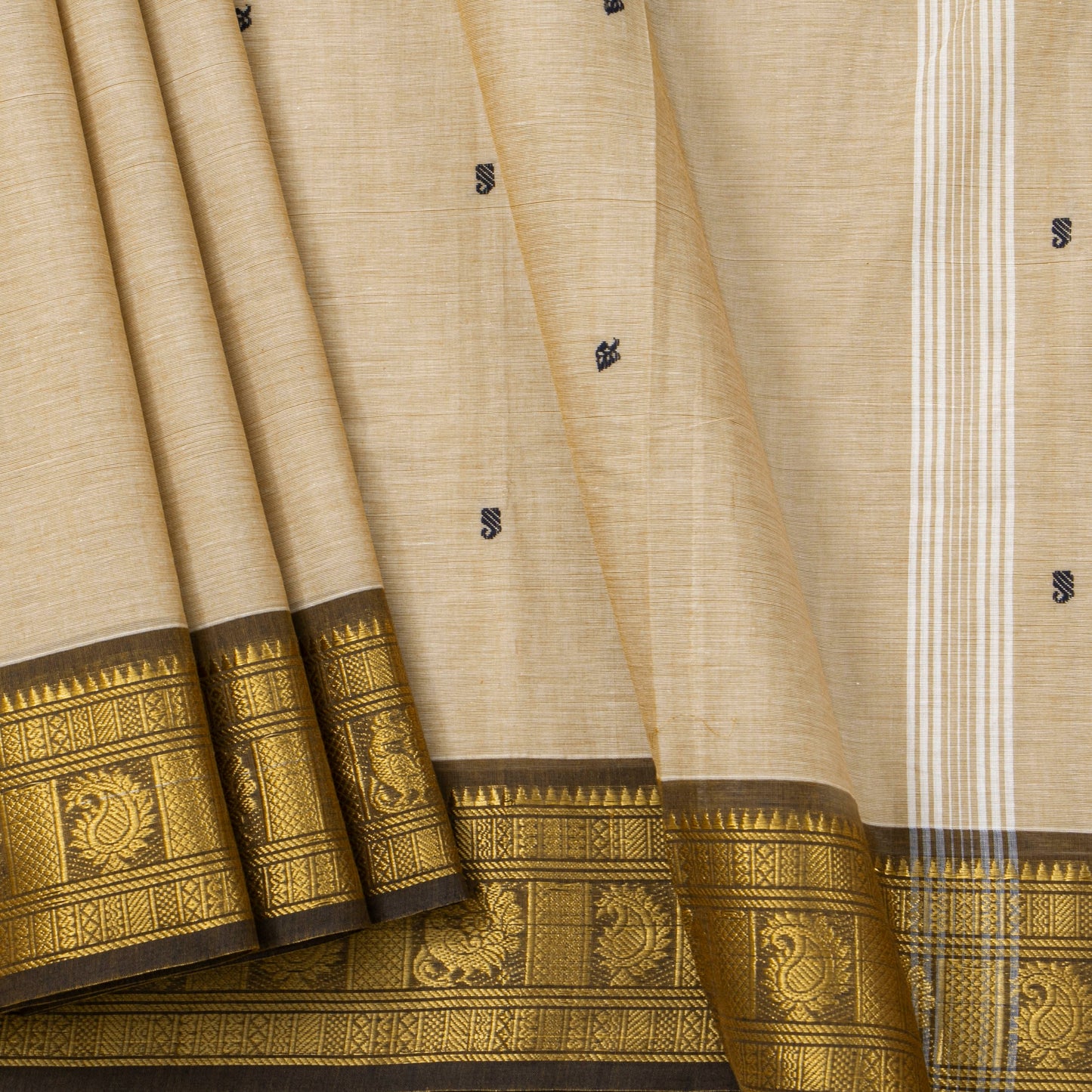 Off White And Brown Kanchi Cotton Saree For Festive Wear PV MM KC 786