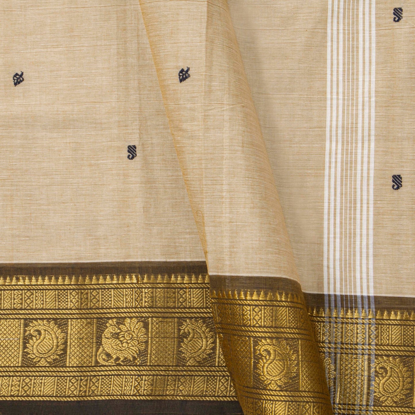 Off White And Brown Kanchi Cotton Saree For Festive Wear PV MM KC 786
