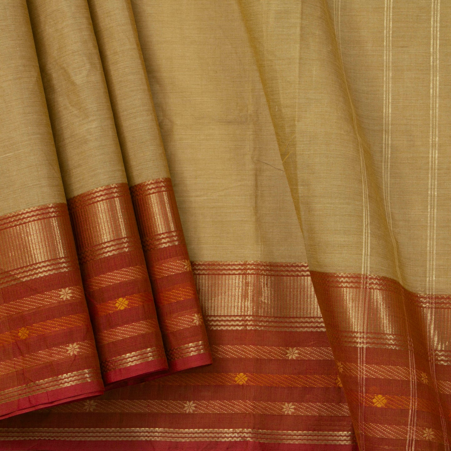 Beige, Olive And Rust Kanchi Cotton Saree With Ganga Jamuna Border For Office Wear PV MM KC 349